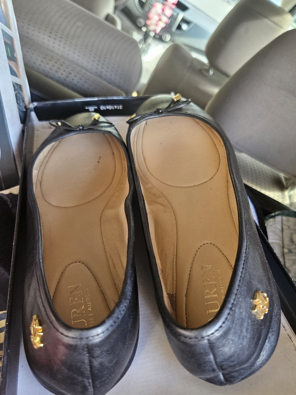 Lauren Ralph Lauren Black Leather Ballet Flats with Gold Emblem